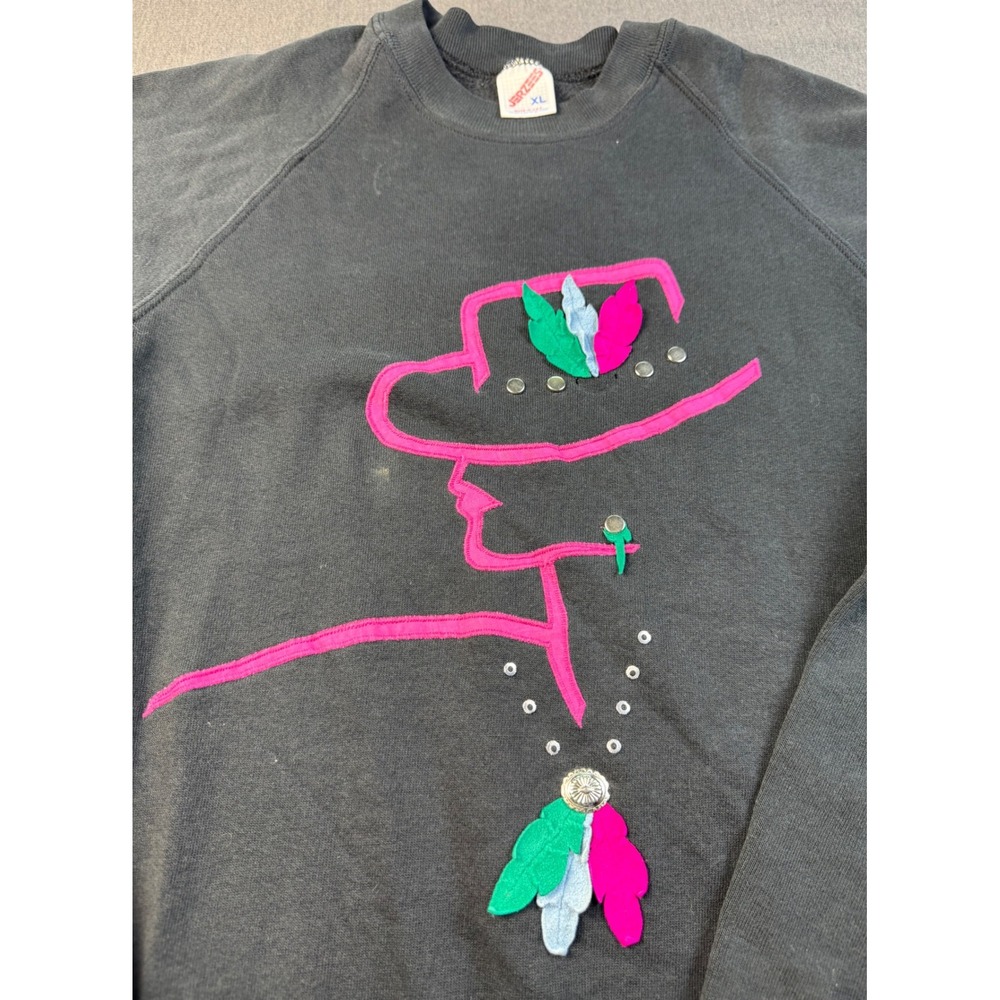 Vintage Jerzees Sweatshirt XL Black Pink Cowgirl Western Graphic‎